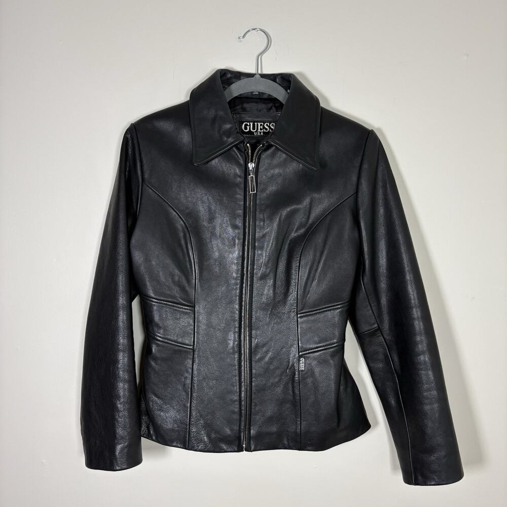 PRISTINE Vintage GUESS USA Black Genuine Leather Fitted Moto Jacket Y2K SZ S